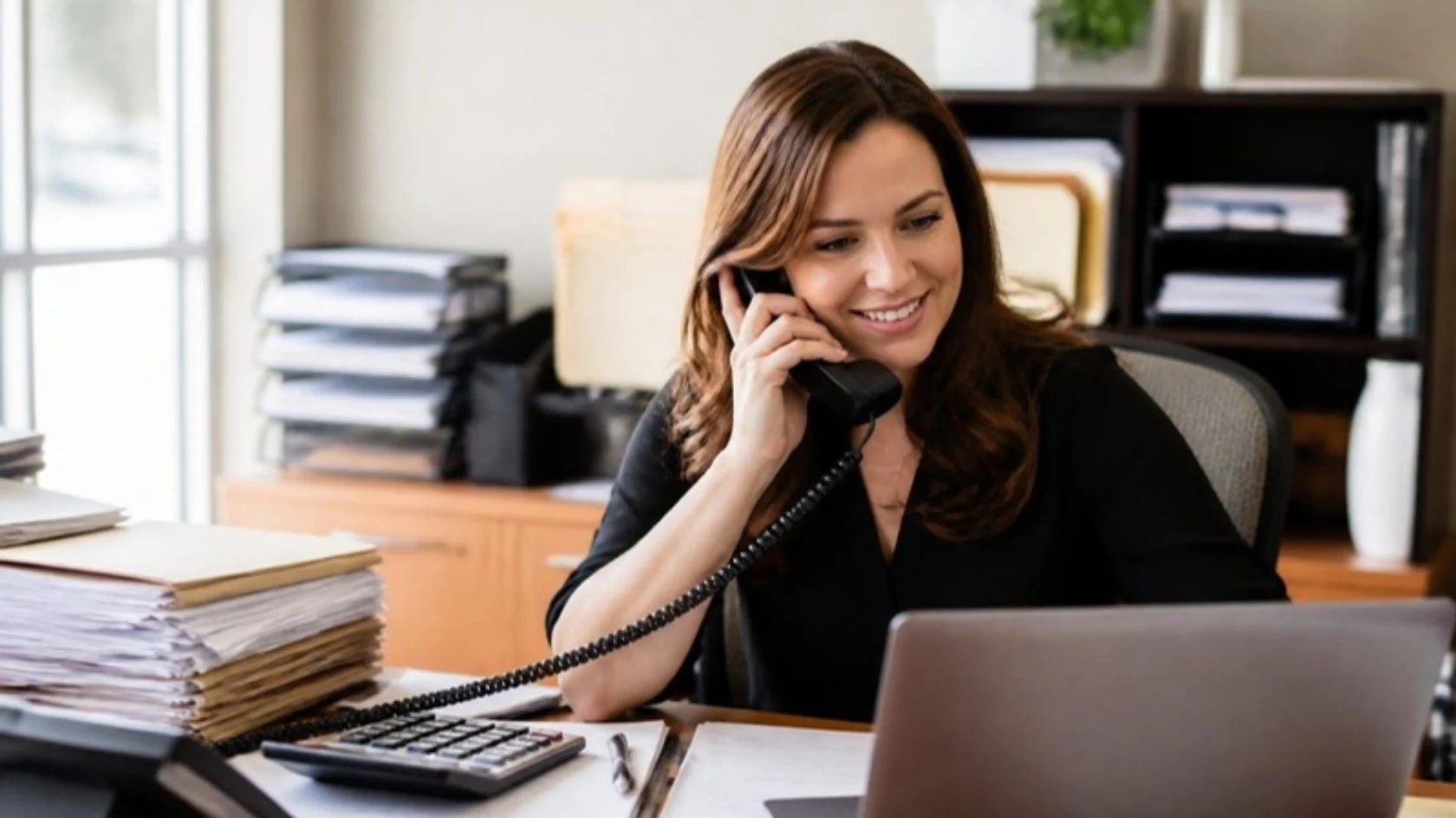 Accountant on the phone at her desk during tax season