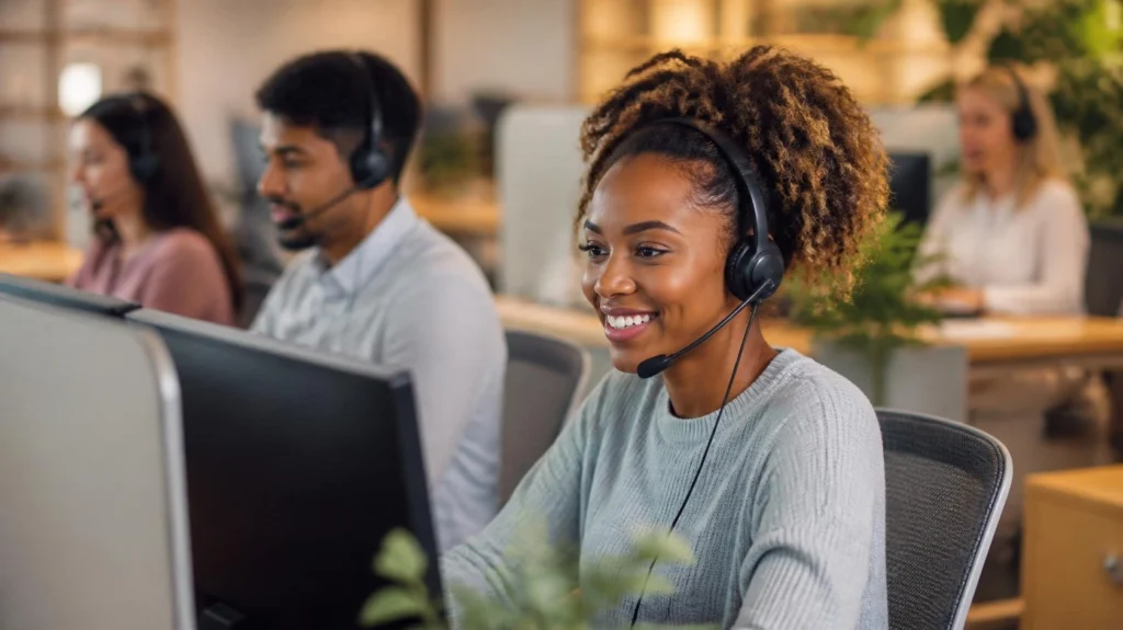 Southern Voices live agents with headsets answering calls for client businesses