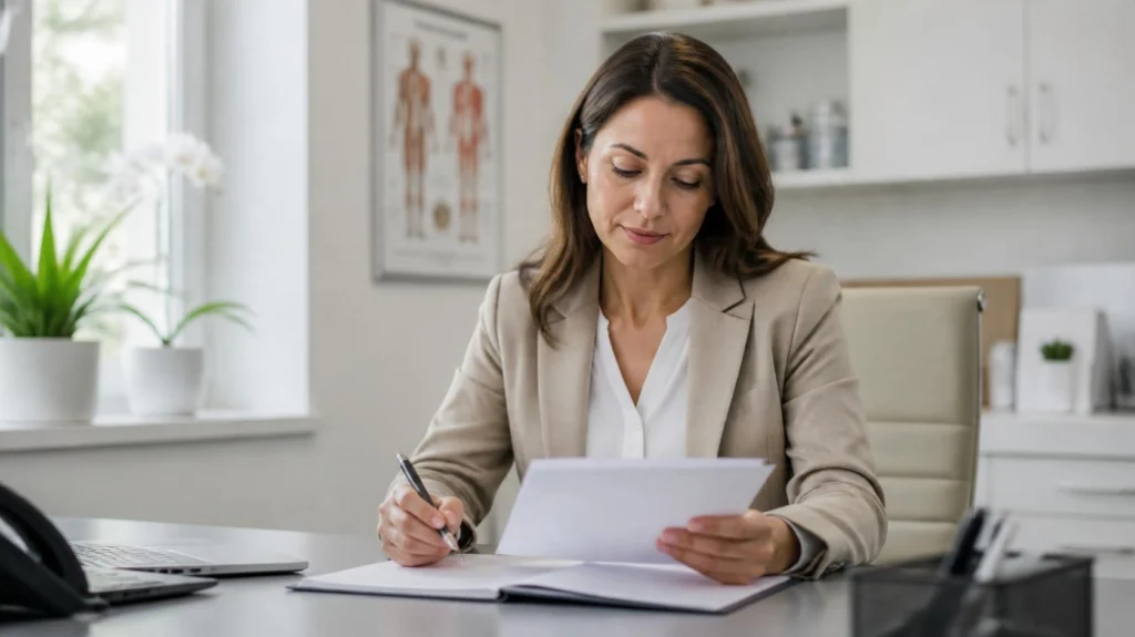Dental practice manager reviewing an answering service agreement at her desk
