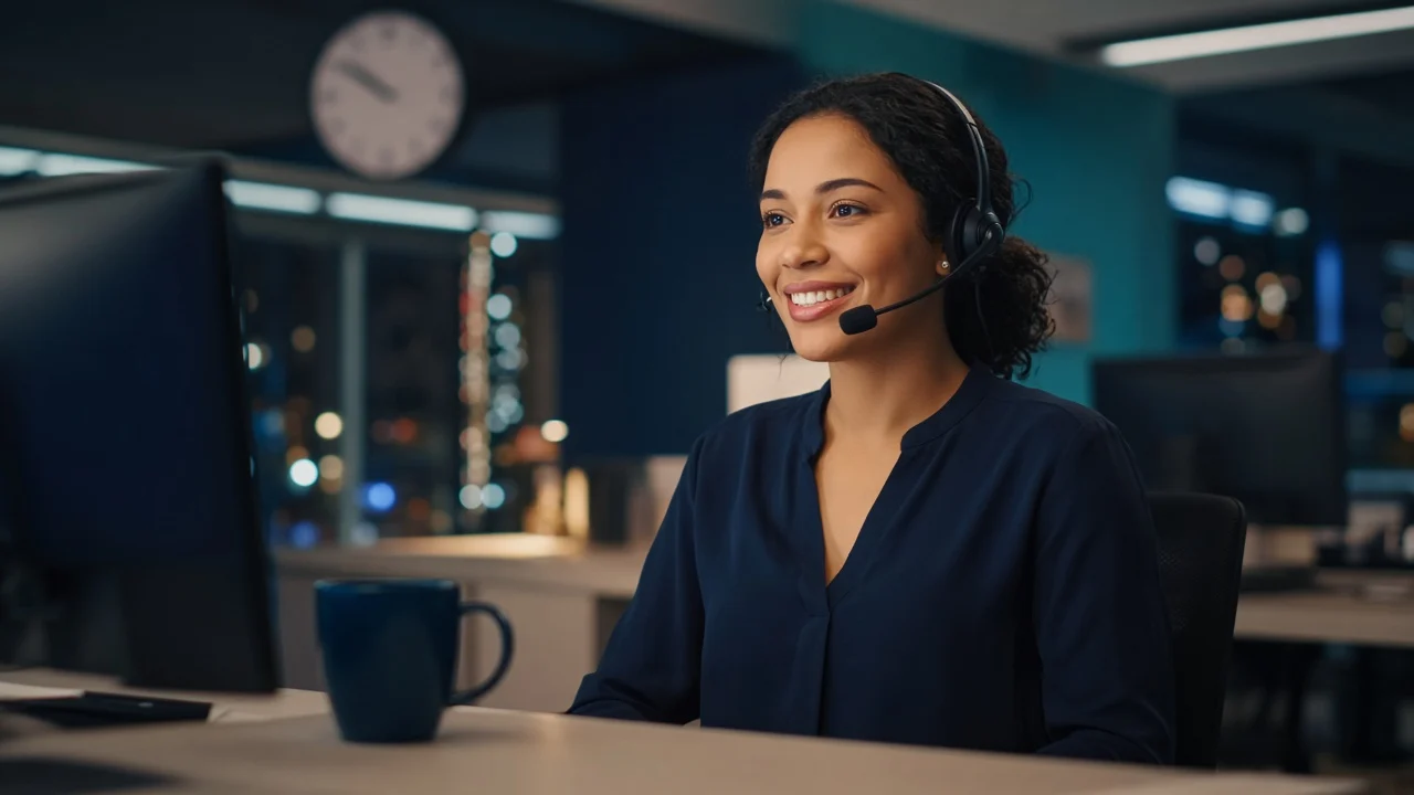 Live agent with a headset answering after-hours calls late at night