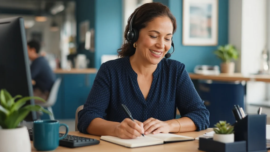 Smiling answering service agent with a headset taking notes during a call