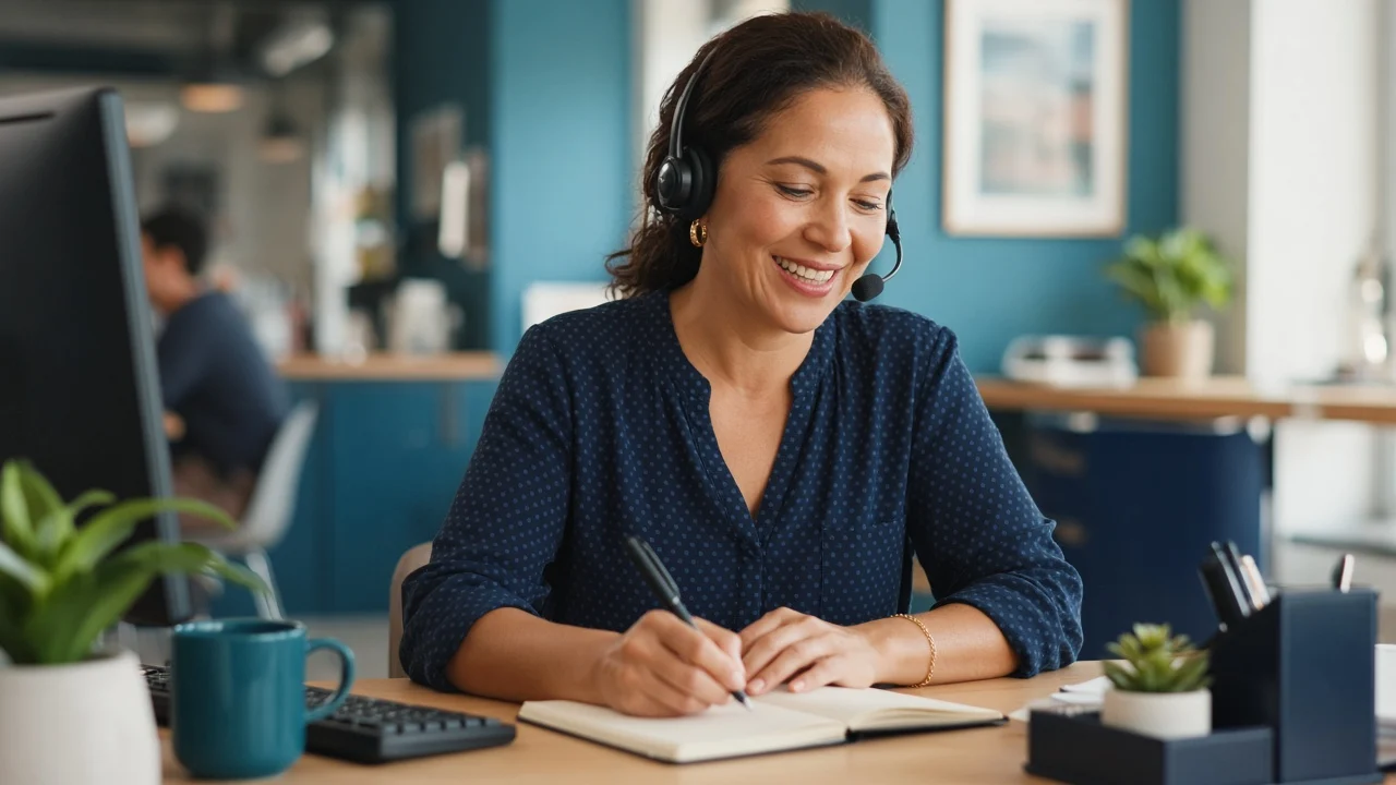 Smiling answering service agent with a headset taking notes during a call for a small business