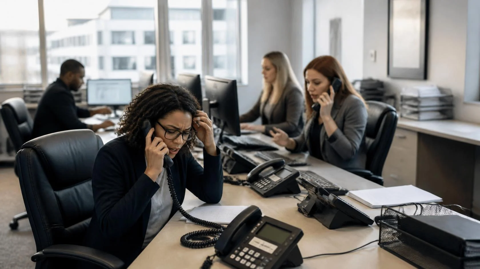 Busy office staff juggling ringing phones during a call surge
