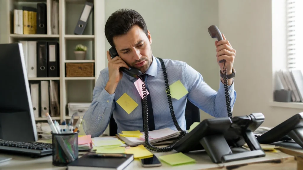 Office employee overwhelmed trying to answer two phone lines at once during a call surge