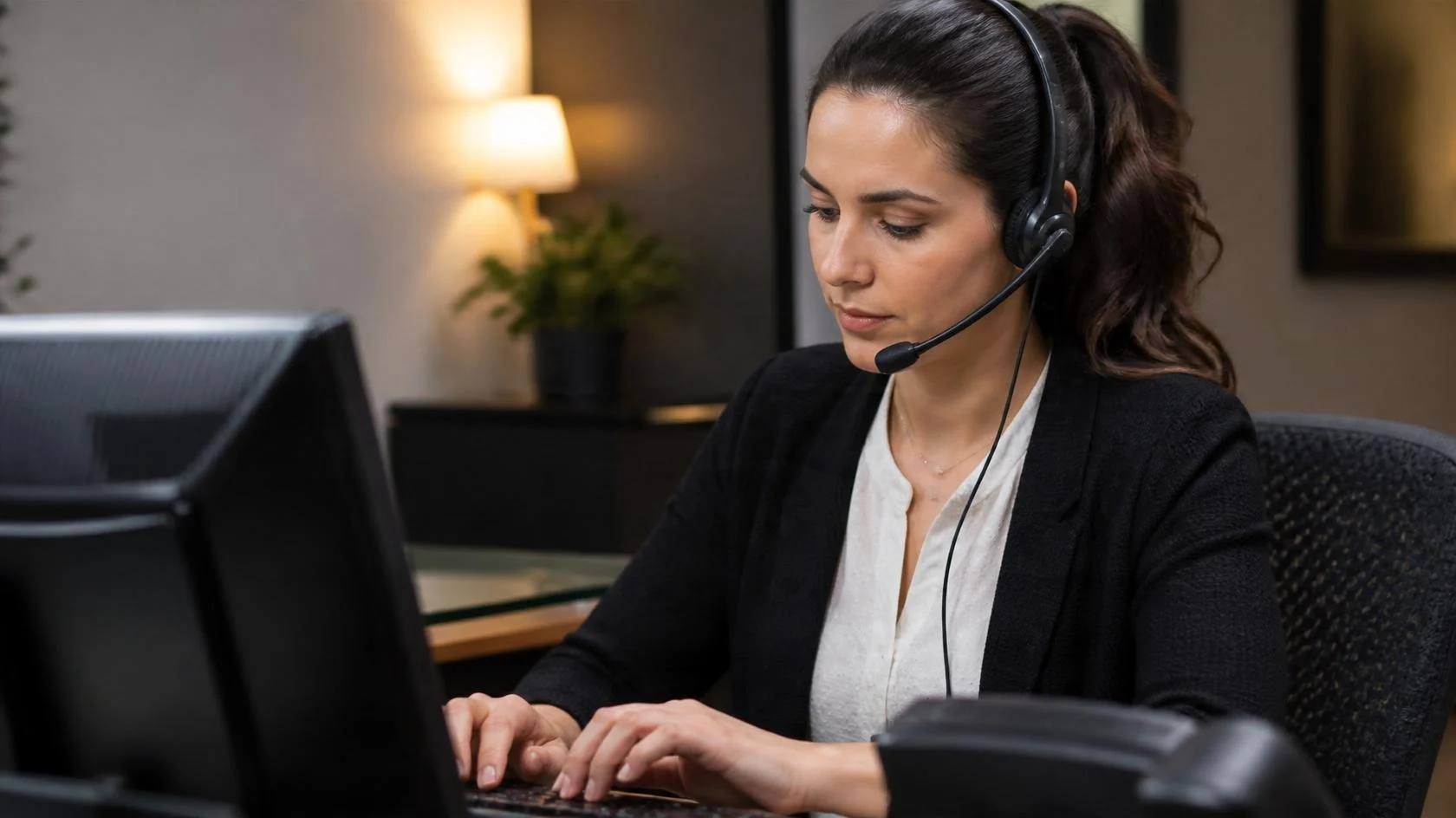 Virtual receptionist with a headset typing up a caller’s message while listening