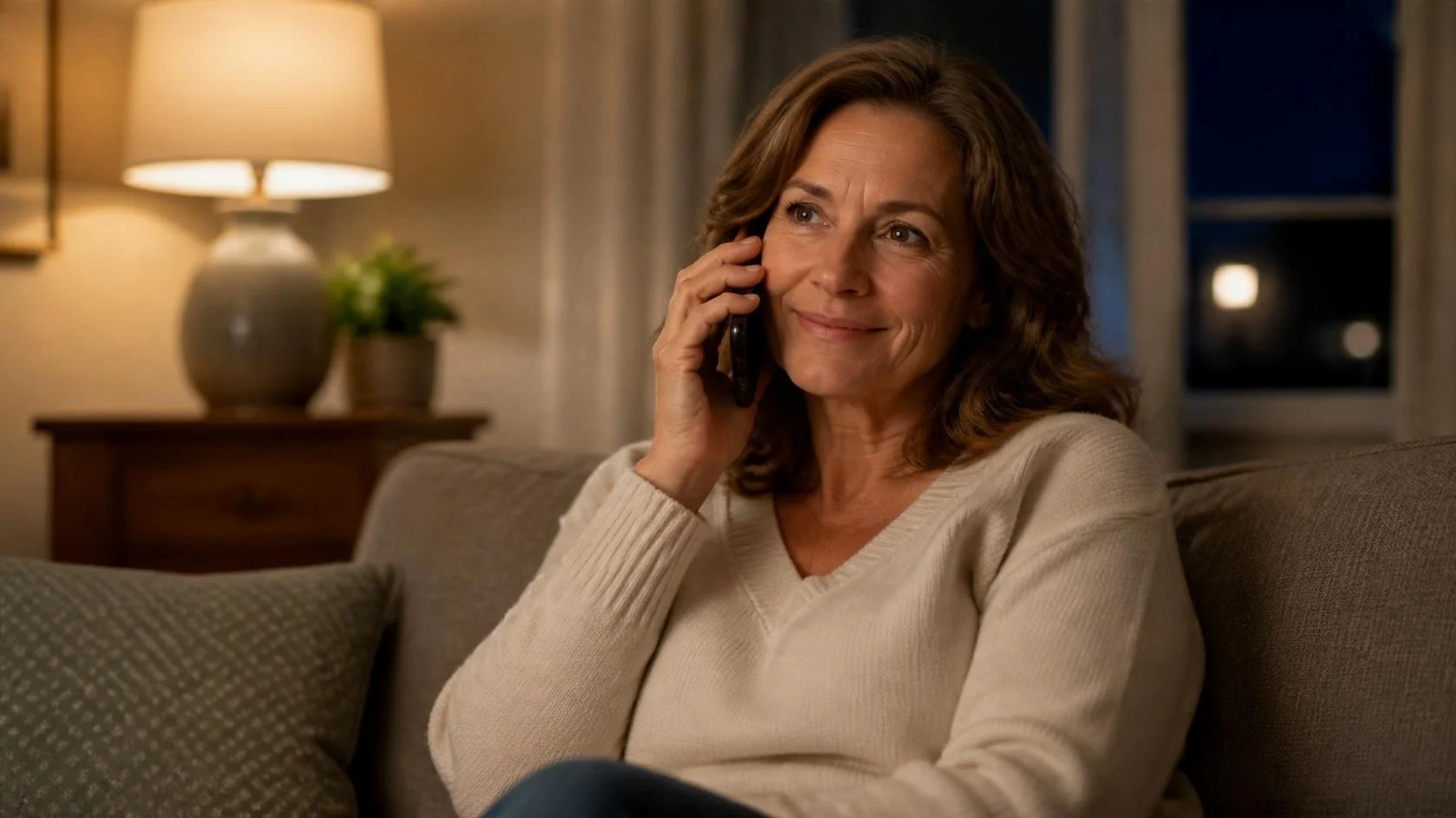 Woman on the phone at home in the evening, calm and reassured as she calls her counselor’s office