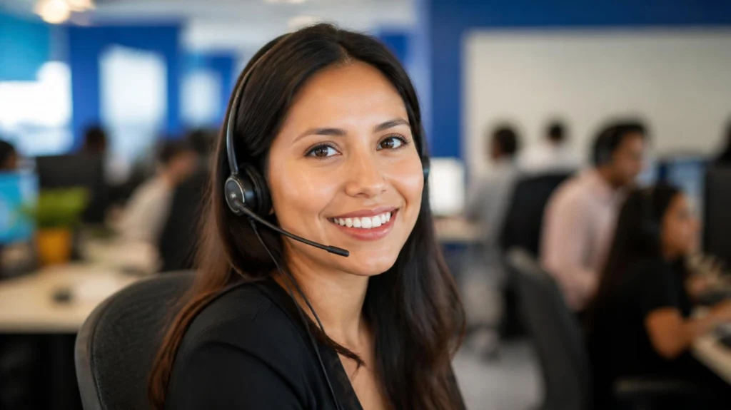 Smiling bilingual call center agent with a headset who answers in English and Spanish