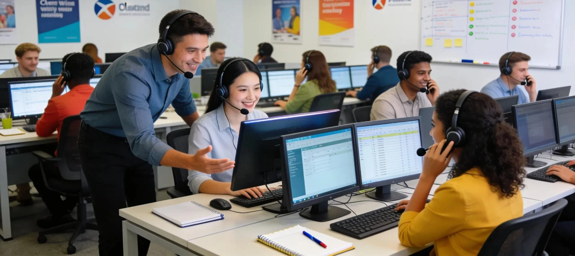 Inbound call center agents with headsets working the phones while a supervisor helps a colleague