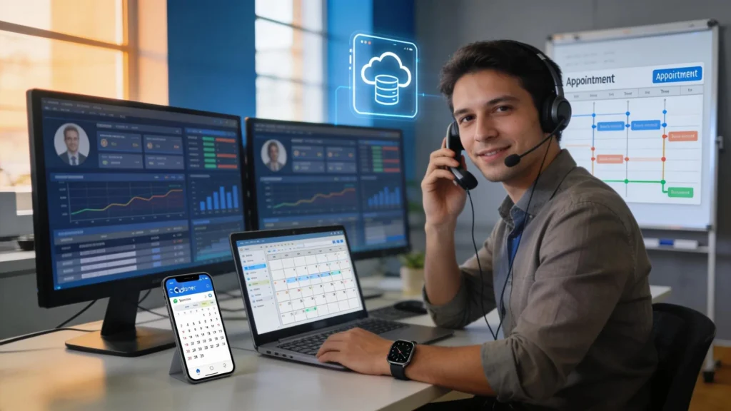 Agent with a headset handling a salon booking call, laptop and mobile phone open in front of him