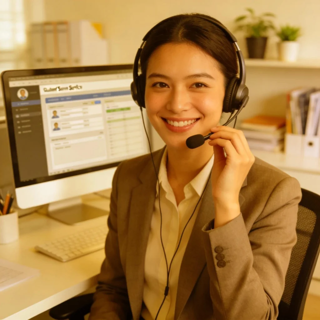 Smiling outsourced customer service agent with a headset at her desk