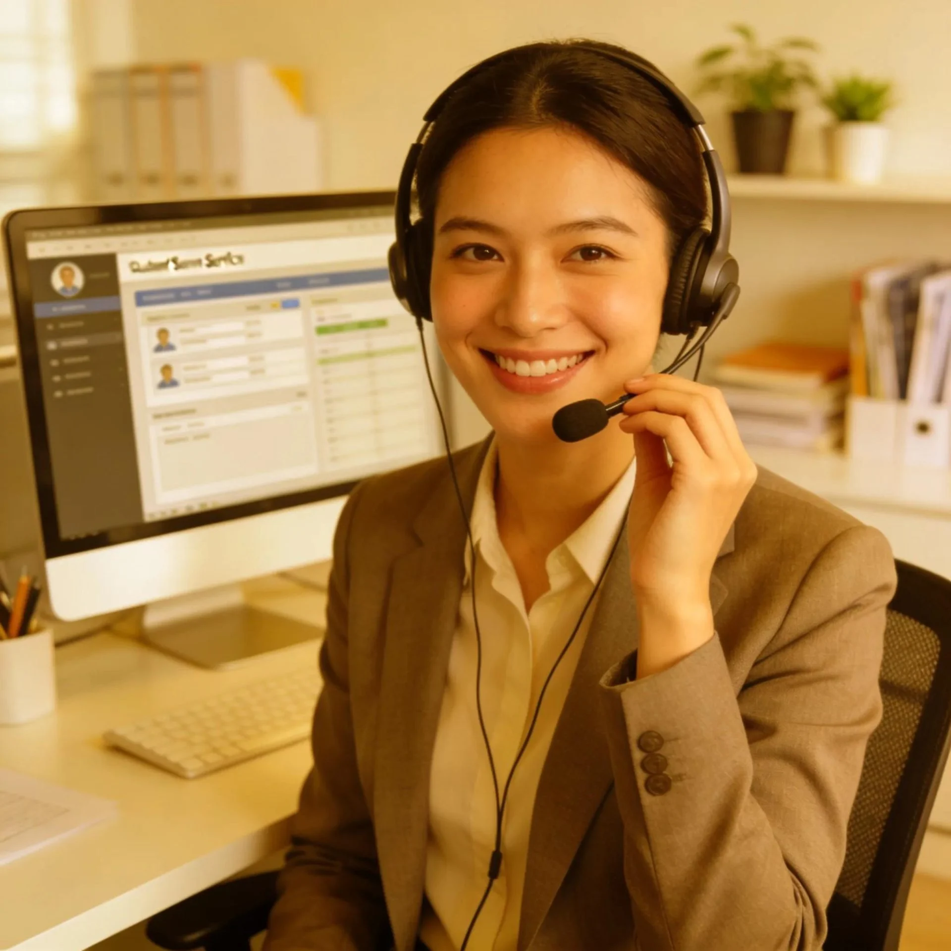 Dedicated call center agent with a headset smiling at her desk