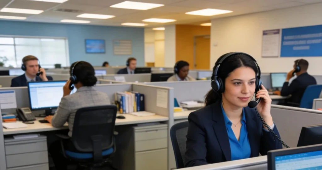 Help desk agent taking a customer’s call at her desk on a busy call center floor
