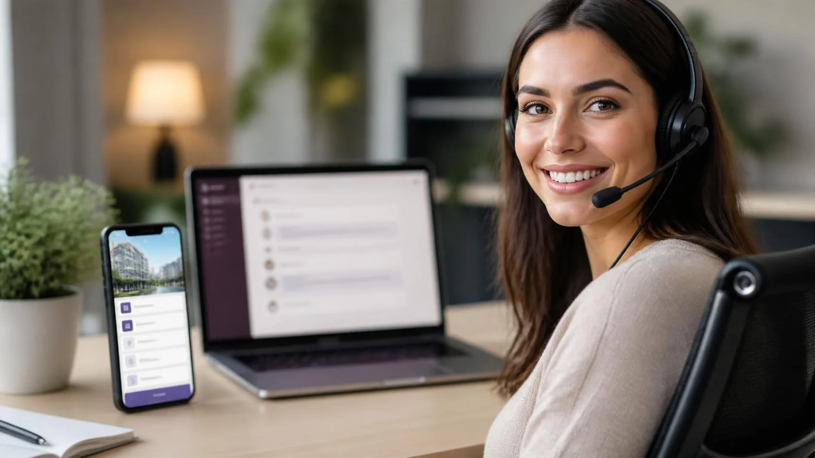 Smiling Southern Voices live agent with a headset at her desk