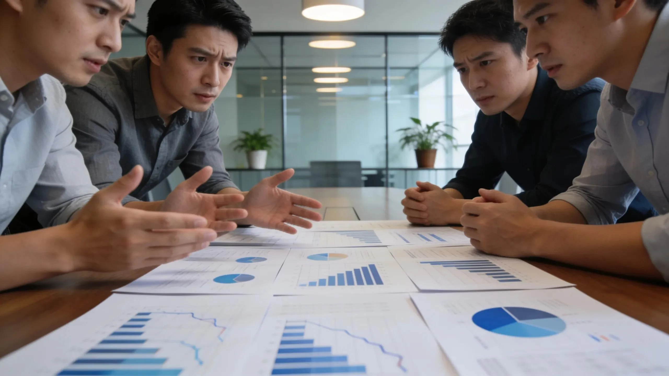 Business team reviewing call volume reports around a conference table to estimate answering service cost