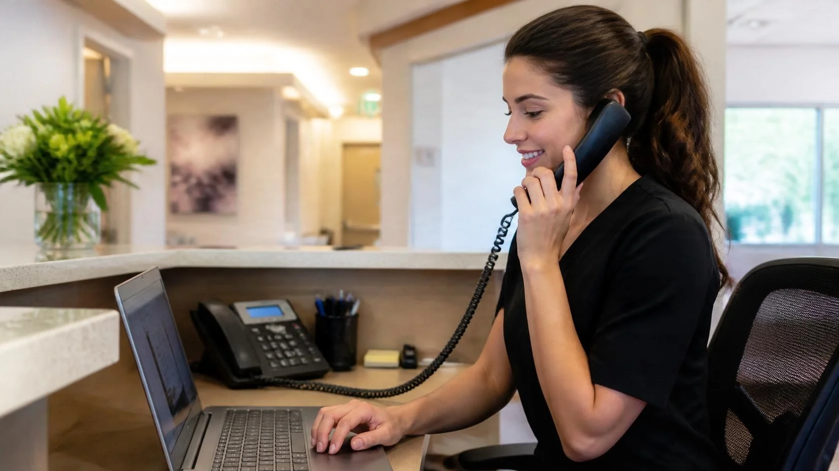 Dental front desk receptionist answering a patient call at the reception counter