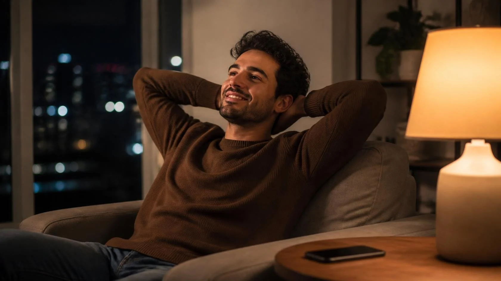 On-call electrician relaxing at home in the evening while his calls are answered