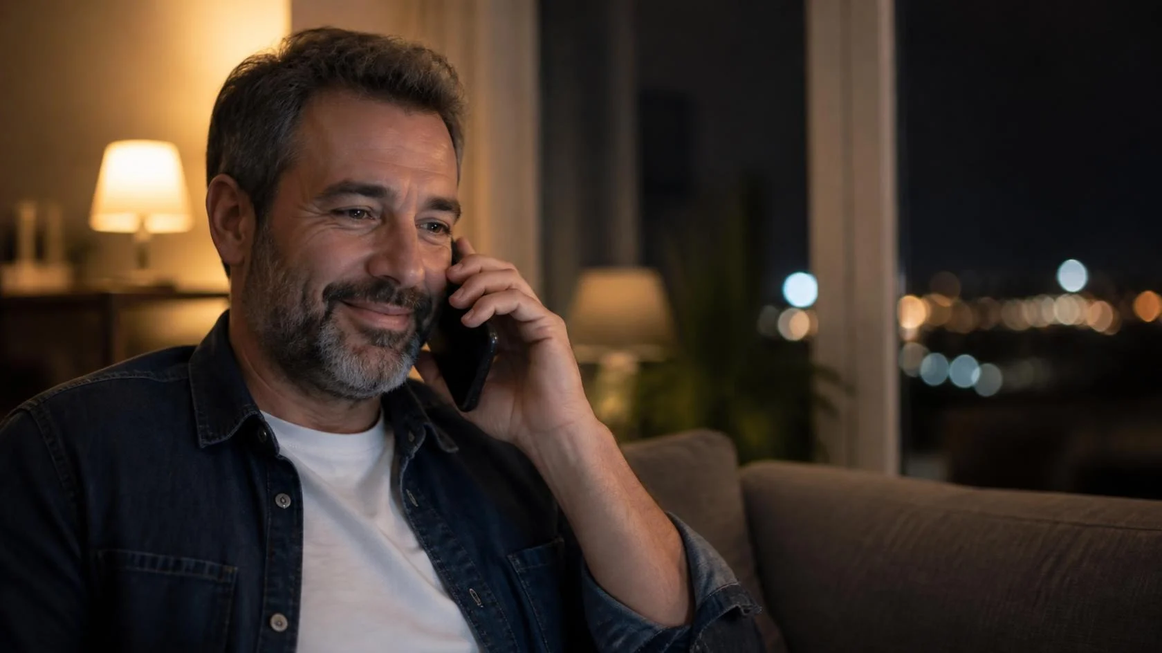 Man on the phone at home in the evening, reassured by a calm voice at the funeral home
