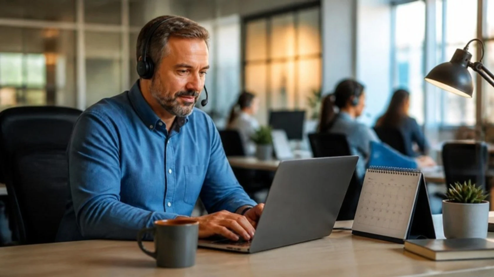 Agent with a headset scheduling a caller’s appointment on a laptop
