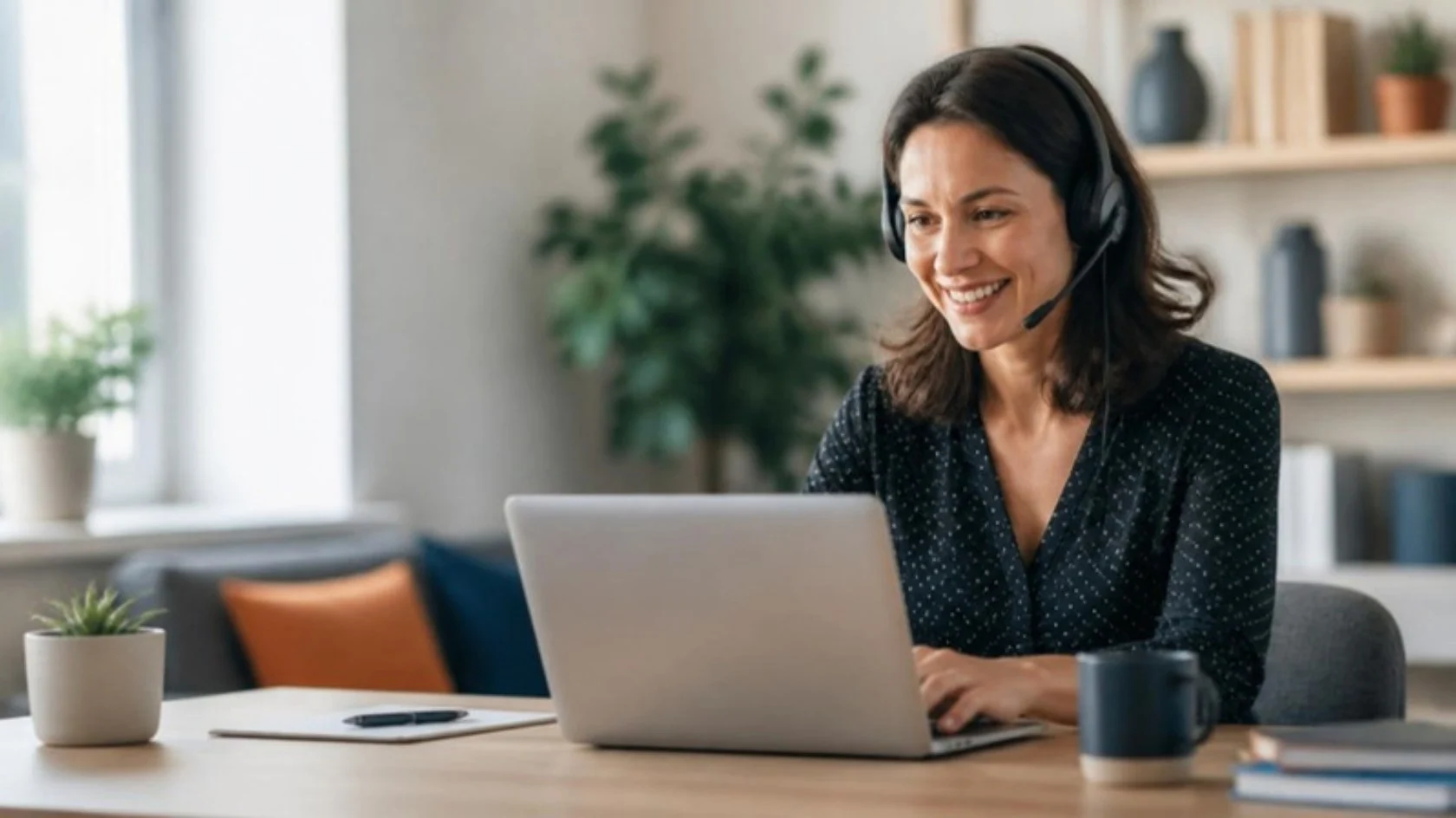 Smiling Southern Voices agent with a headset helping a caller at a bright office desk