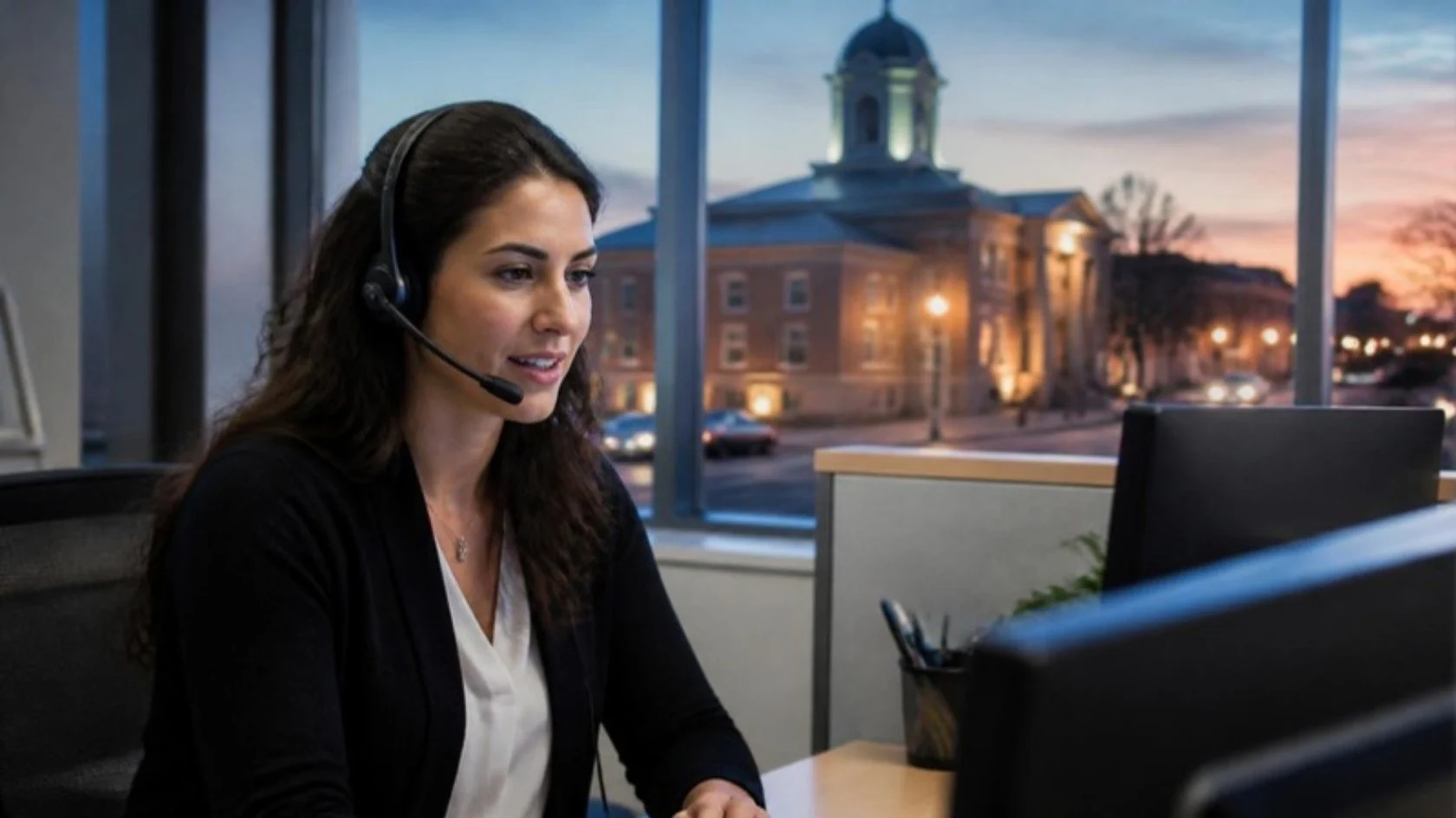 Municipal services agent with a headset taking a resident’s call, city hall visible at dusk