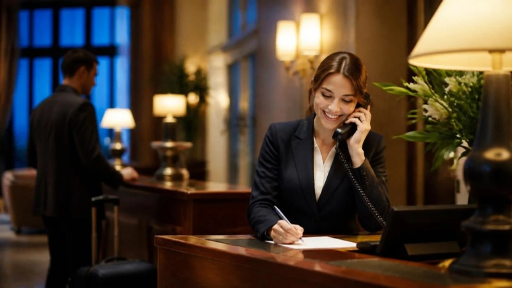 Hotel front desk clerk taking a guest’s reservation by phone in a warmly lit lobby