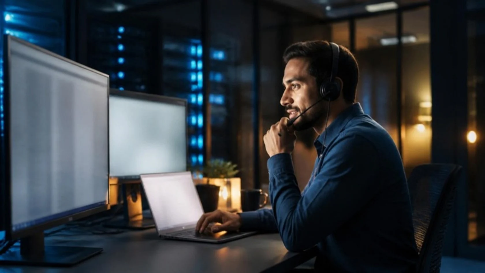 IT support agent with a headset helping a caller in the evening beside a server room