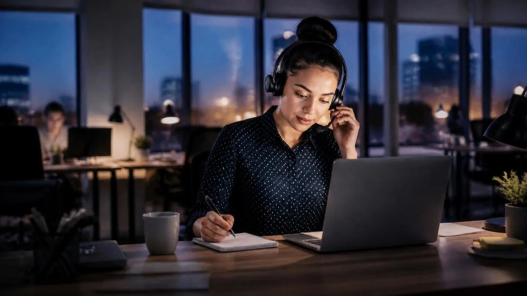 Agent with a headset noting a new lead’s details in an office at dusk
