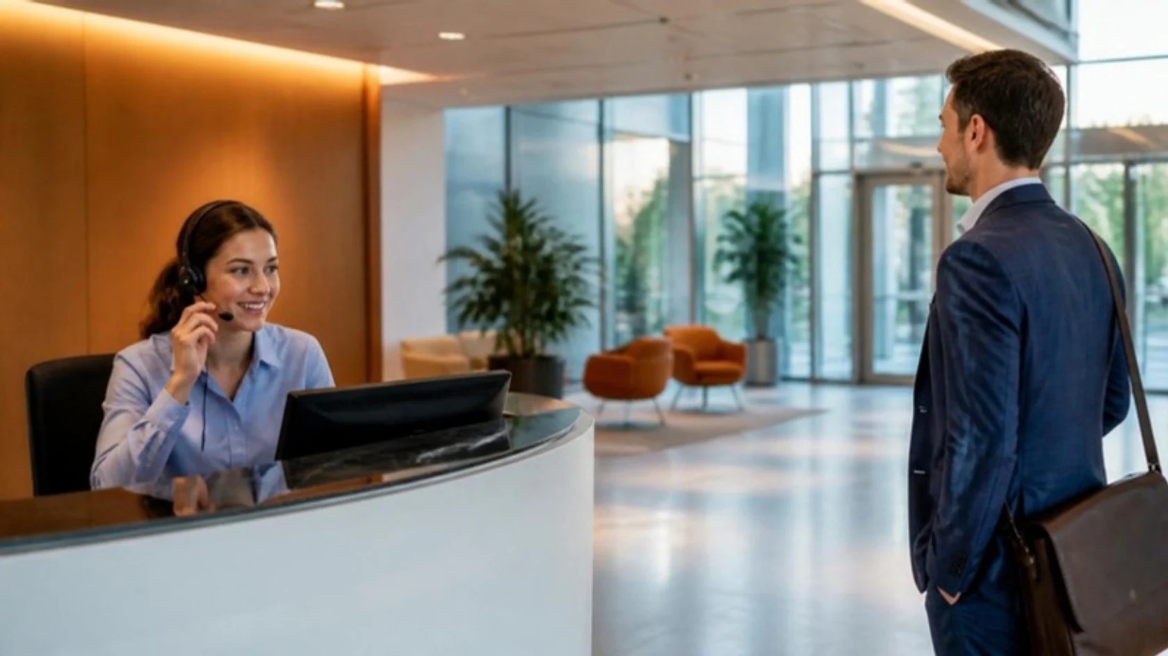 Switchboard receptionist with a headset at a company front desk directing a call while a visitor waits