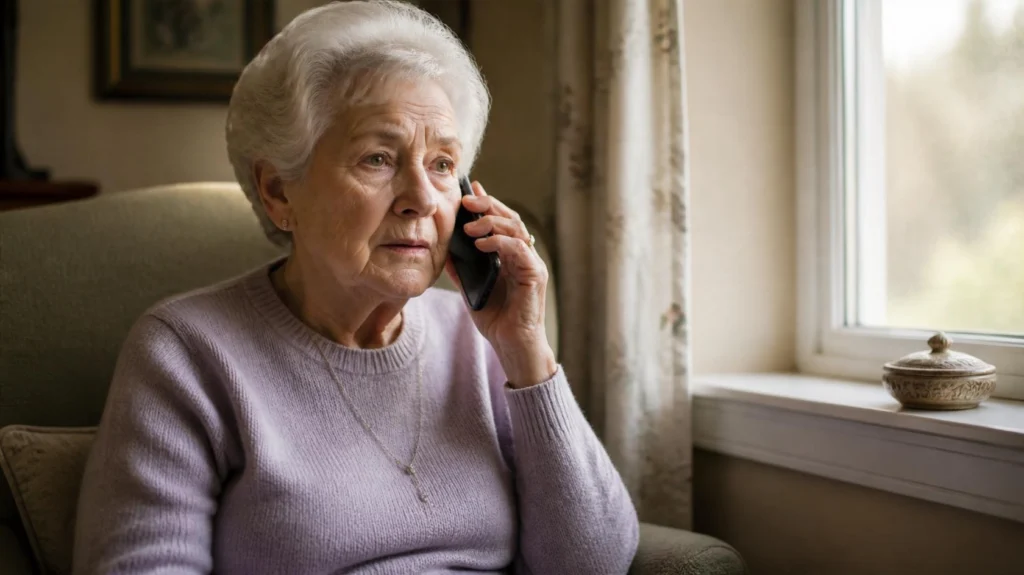 Older woman calling her home care agency from her armchair at home