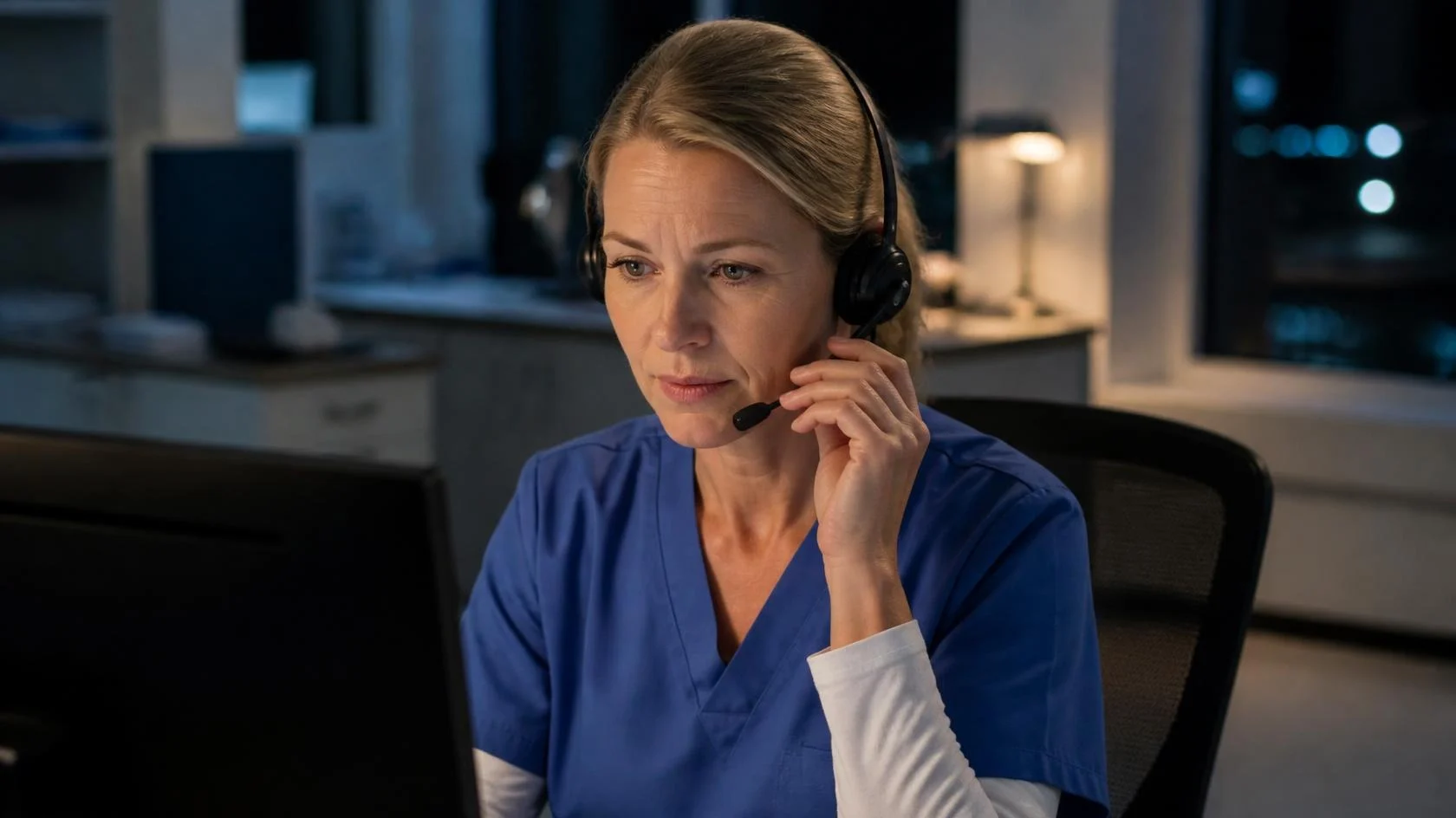 Healthcare call center agent in scrubs with a headset taking a patient call at night