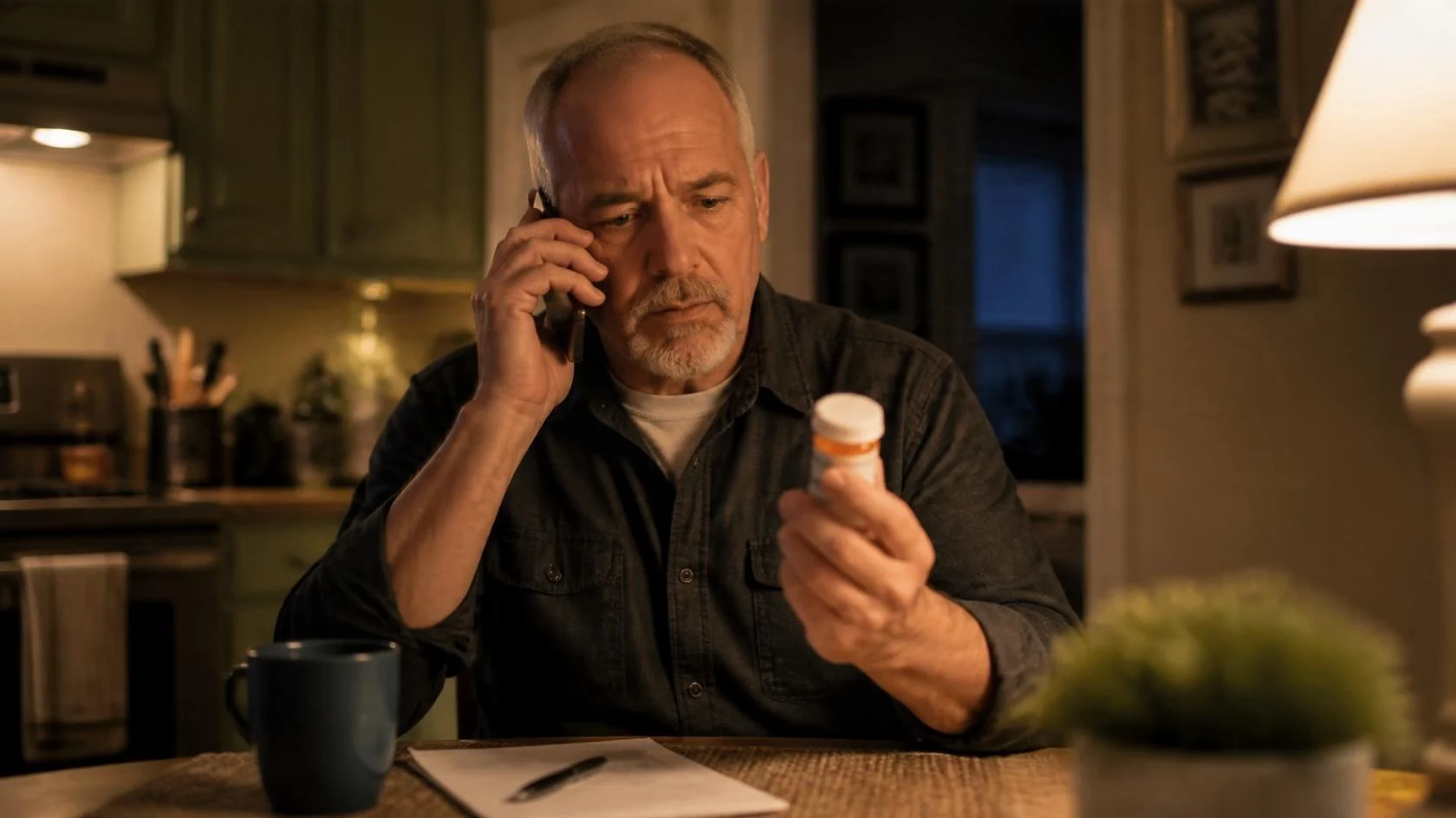 Family caregiver calling the home care agency in the evening, holding a loved one’s medication