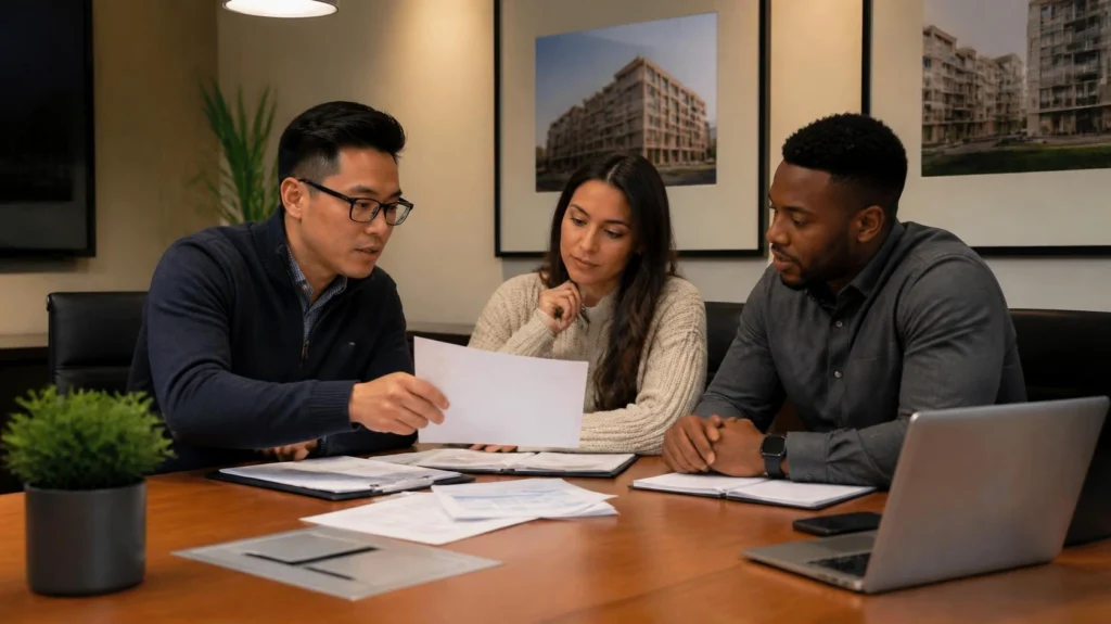 Managers reviewing a staff schedule together at a conference table