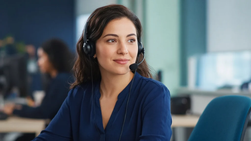 Hotline agent with a headset taking an employee’s call for an HR team
