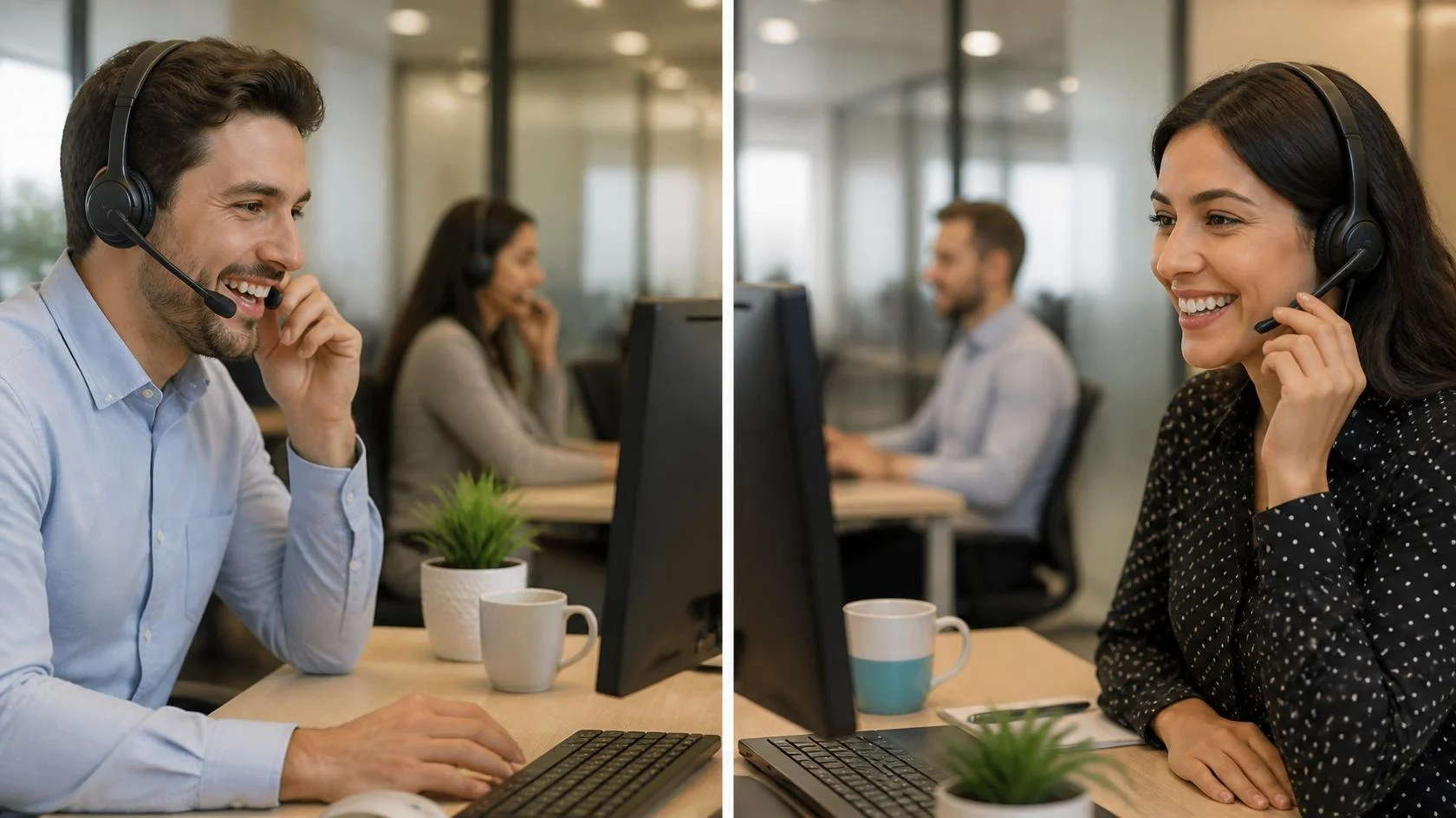 Two live agents with headsets smiling while answering calls for businesses in every industry