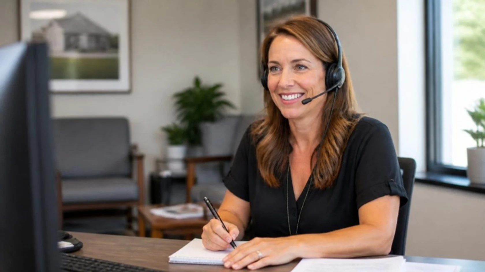 Agent with a headset taking an insurance client’s call at an agency desk