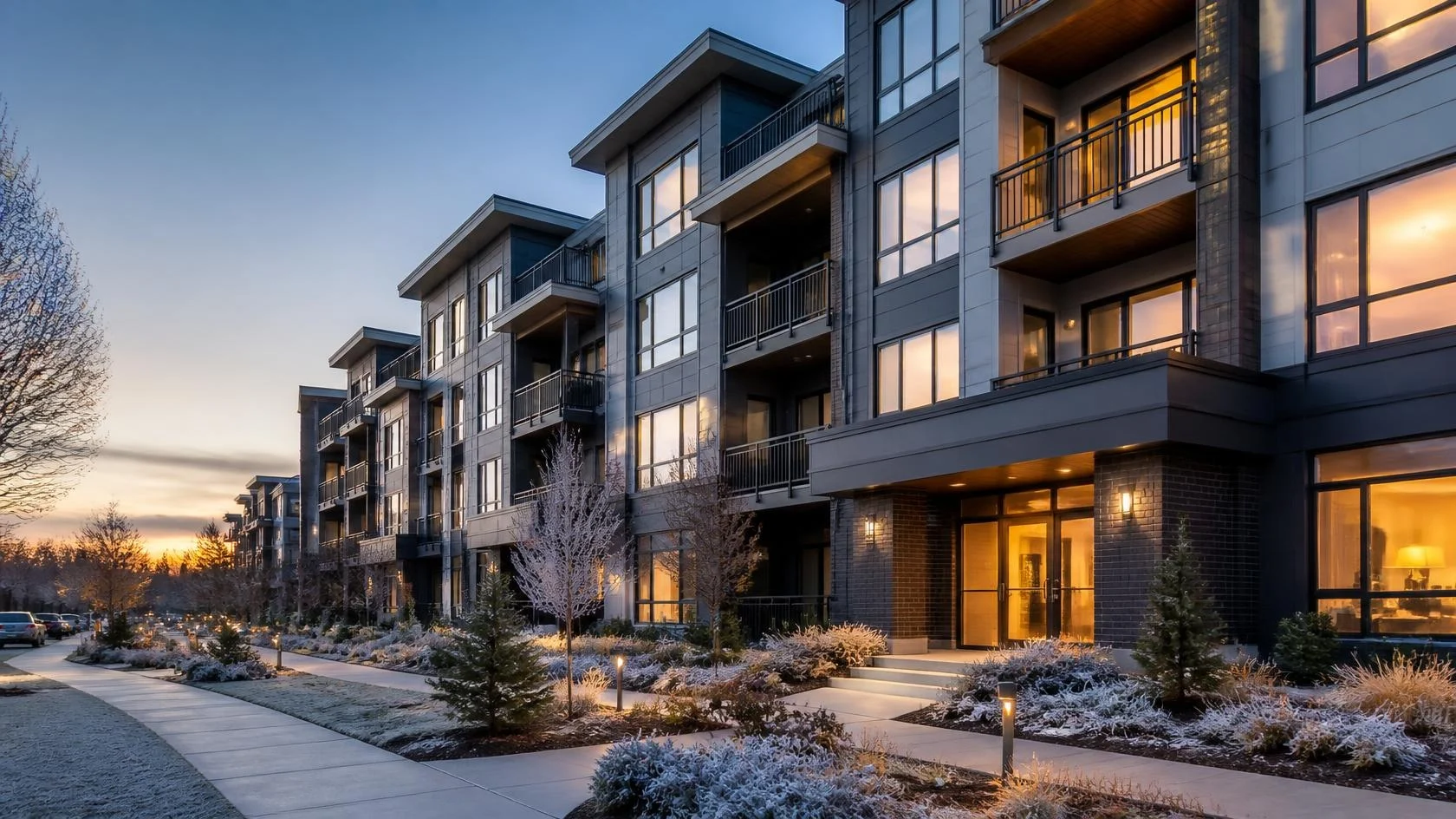 Landscaped grounds and walkways outside a commercial property at dusk