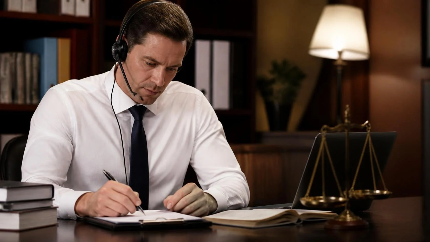 Legal intake agent with a headset taking notes on a potential client’s call in a law office