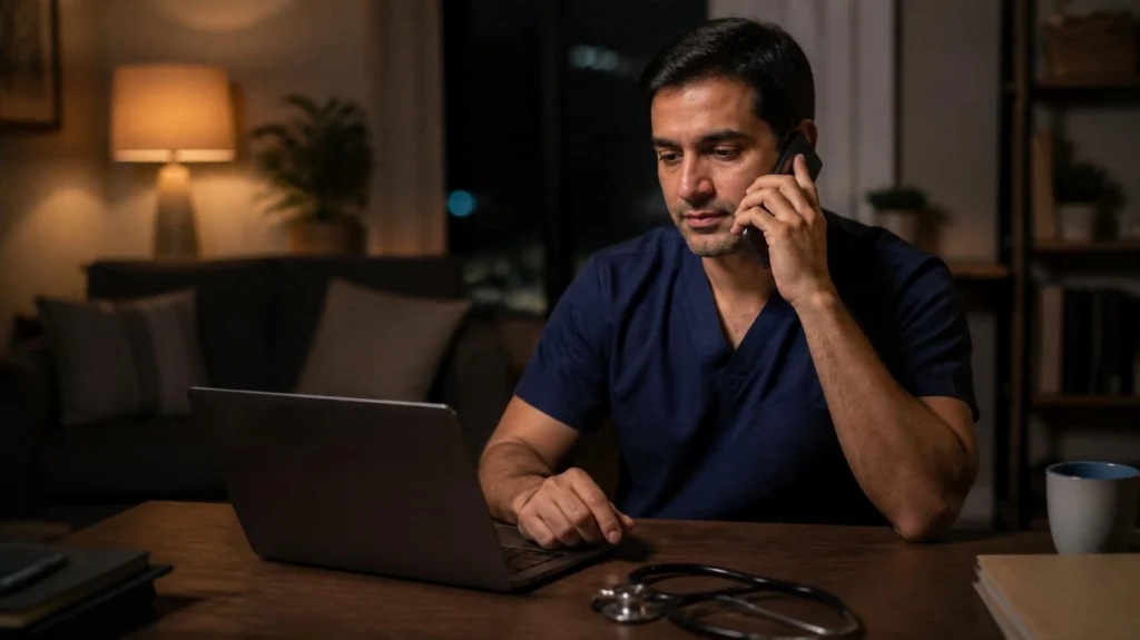 On-call physician taking a patient call at home late at night