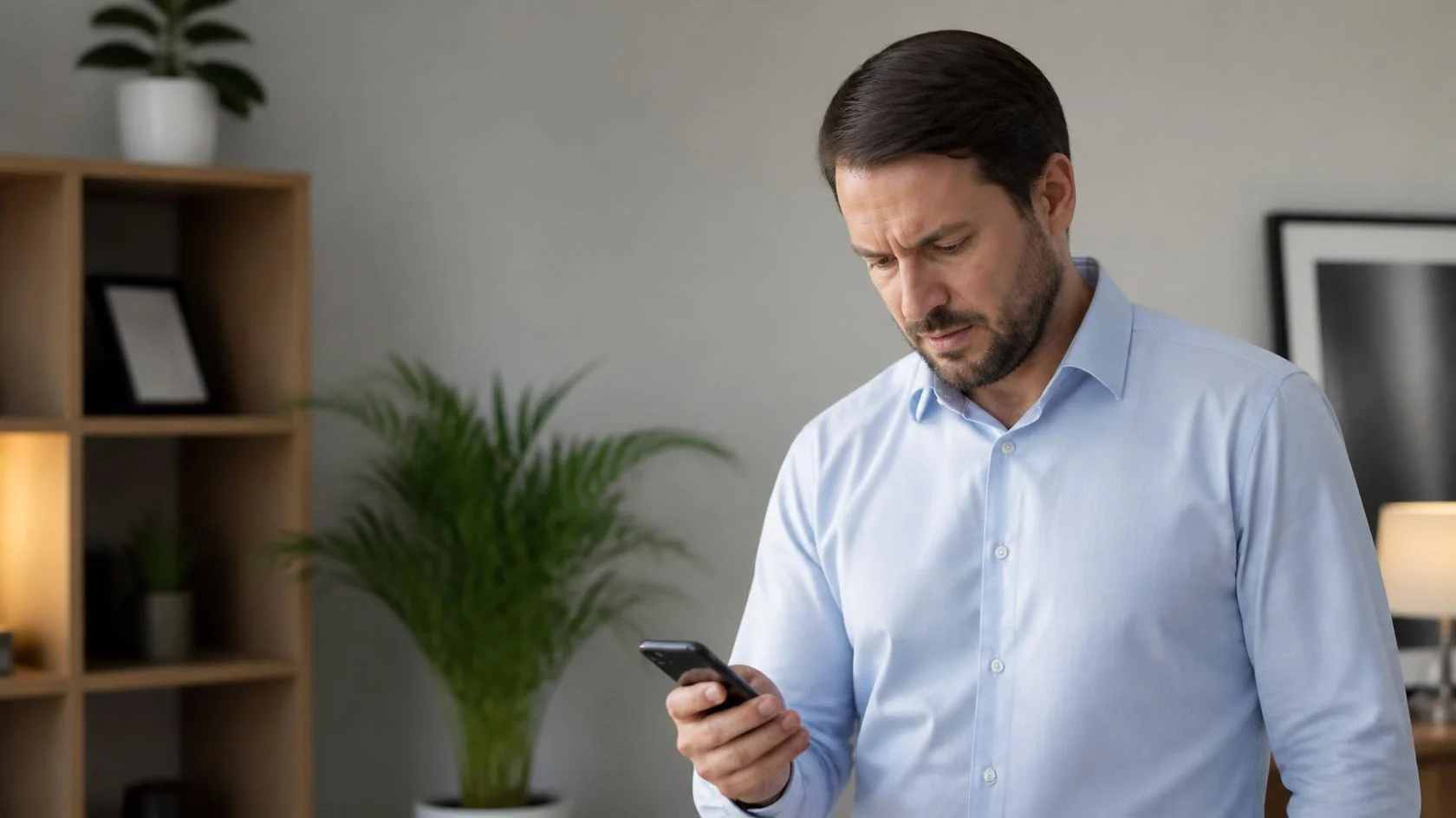 Concerned homeowner checking his phone before calling a pest control company