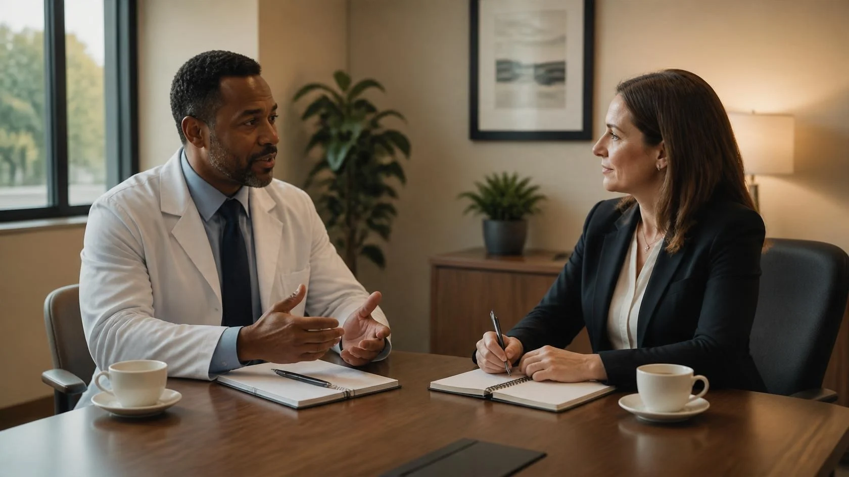 Physician and practice manager discussing how their Indianapolis practice’s calls are answered