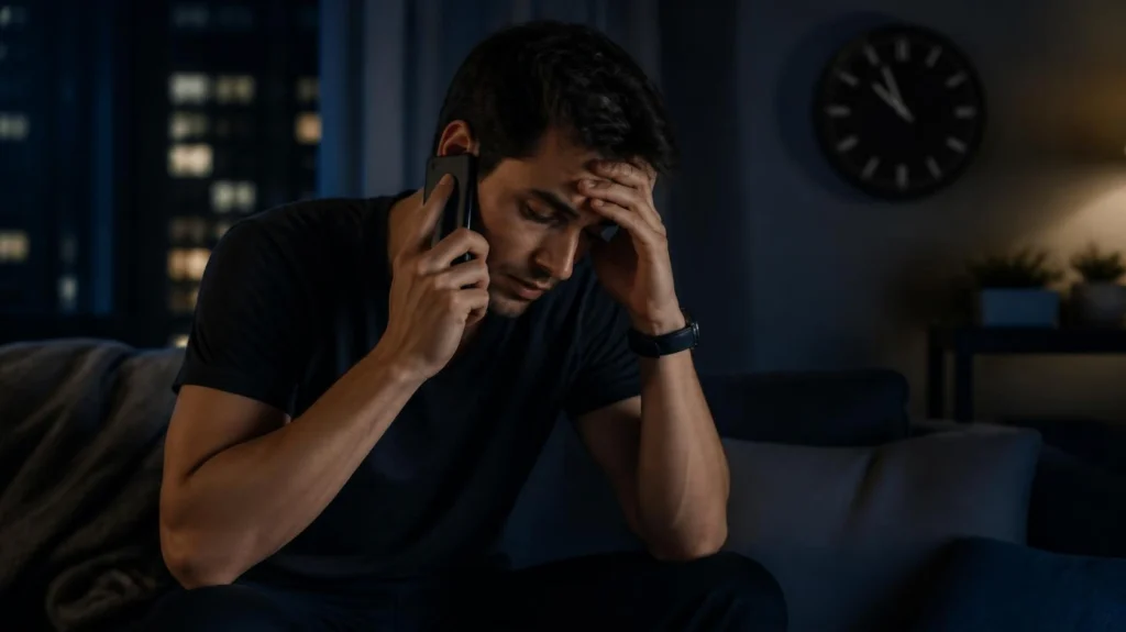 Worried homeowner calling for help late at night
