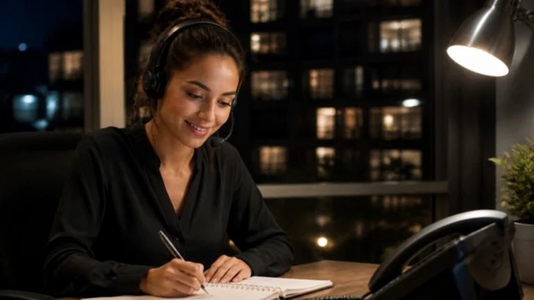 Answering service agent with a headset taking a resident’s call at night
