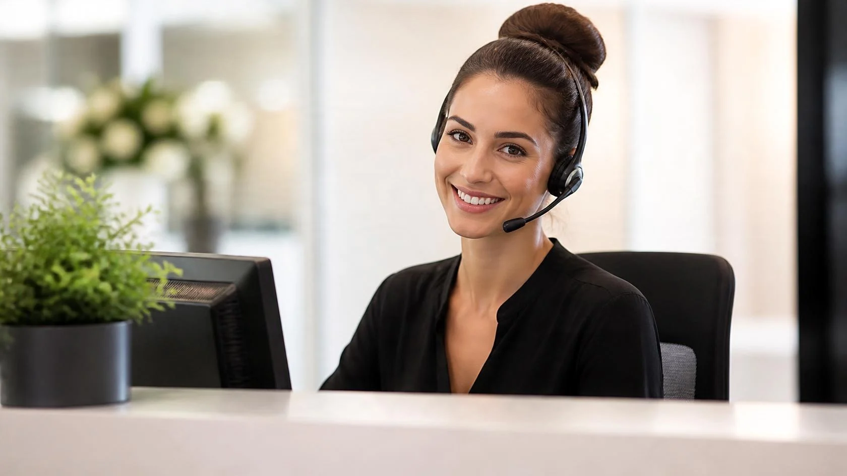 Friendly agent with a headset greeting a caller from a business anywhere in the country