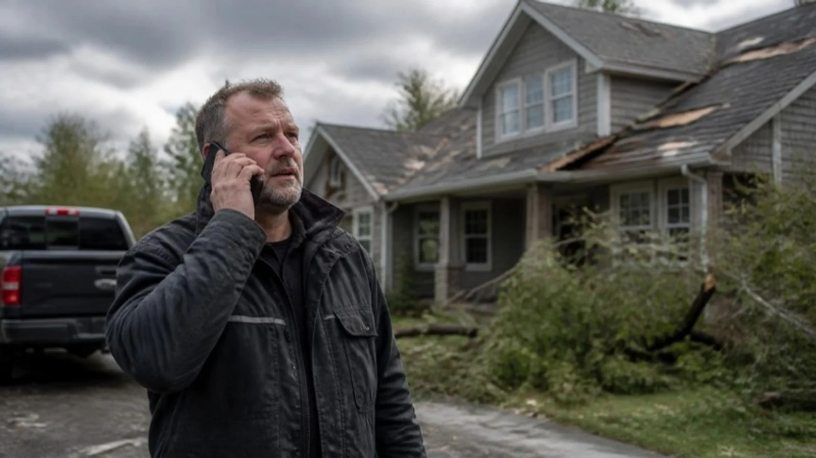 Roofing contractor on the phone outside a storm-damaged house