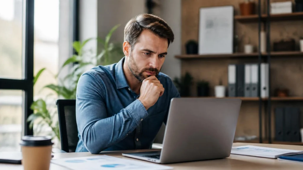 Small business owner reviewing his calls and messages on a laptop