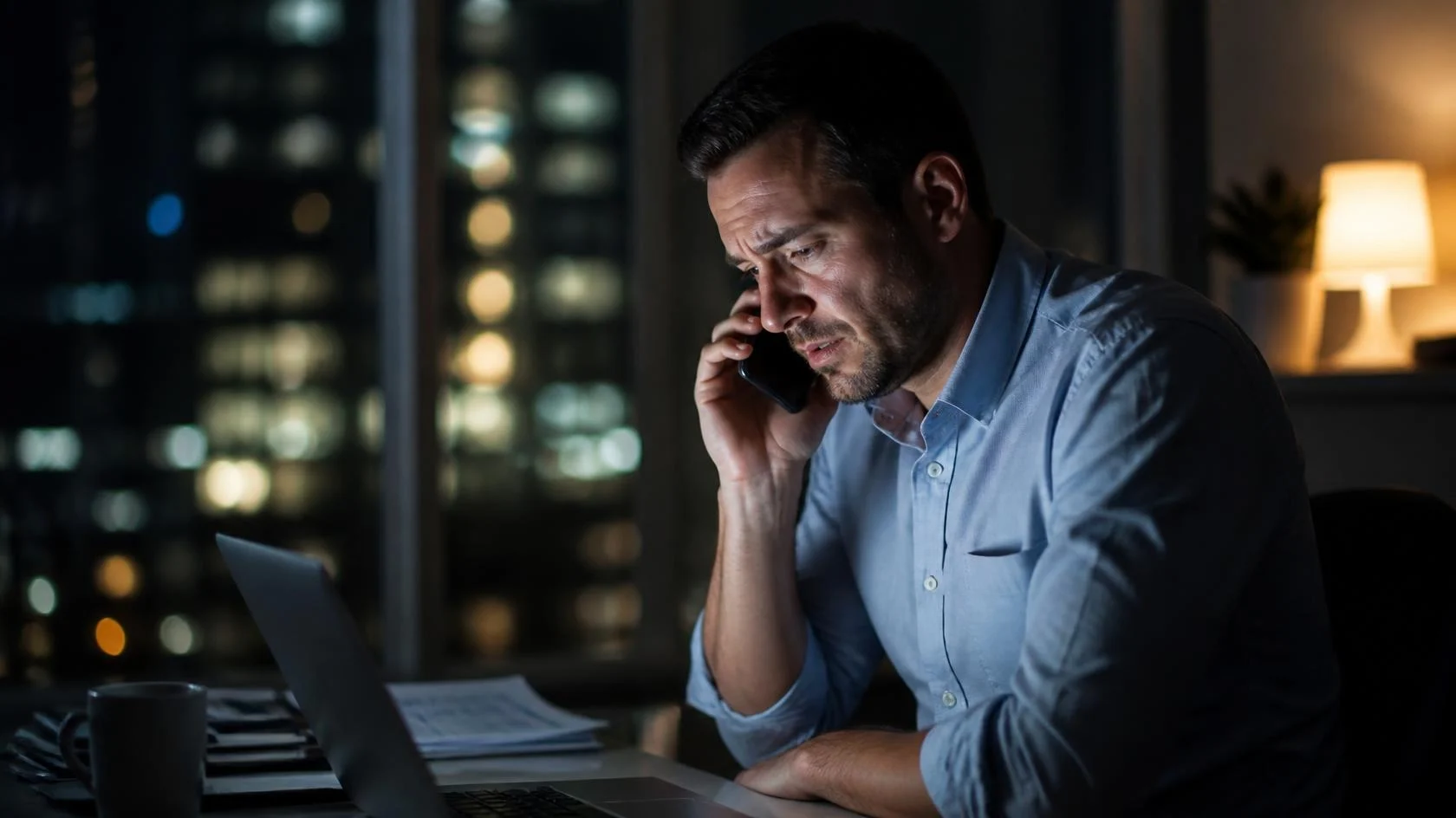 Worried man making an urgent call to his veterinarian late at night